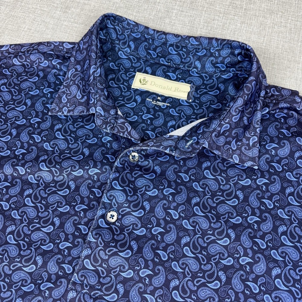 Donald Ross Polo Shirt Mens XL Blue Paisley Golf The Forest Logo Short Sleeve